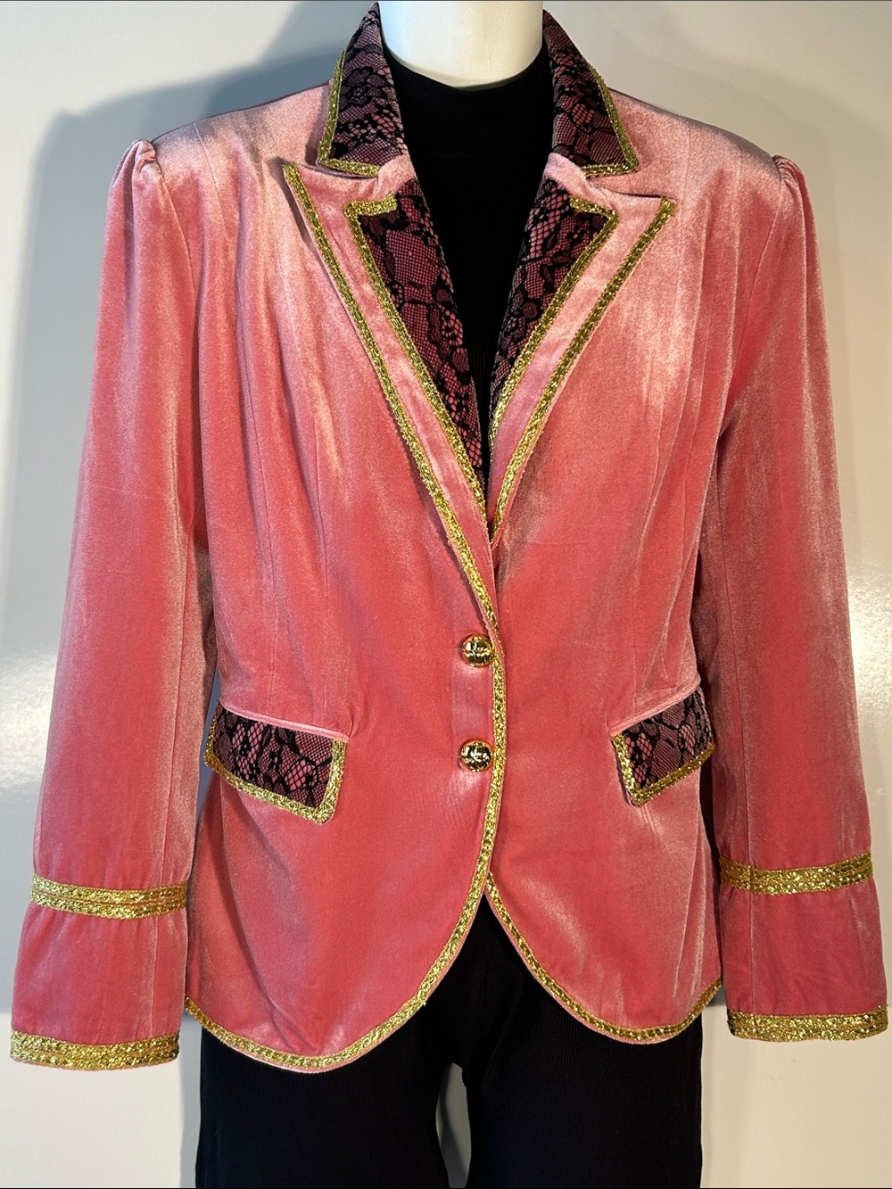 Pink Velvet Blazer SZ XXL Black Lace & Gold Trim Dark Coquette Whimsigoth Fairy